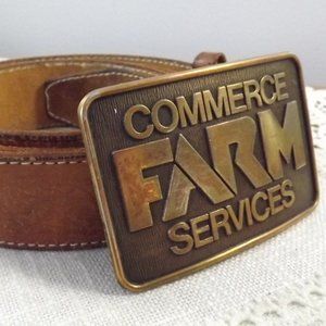 Commerce Farm Services Vintage Belt Buckle and Rustic Leather Belt